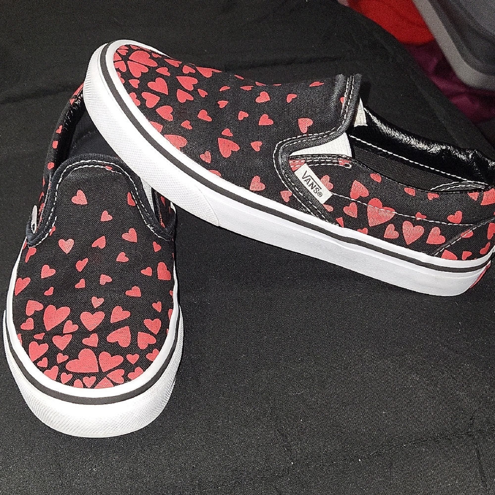 Vans Black Slip-On Sneakers with Red Heart Pattern